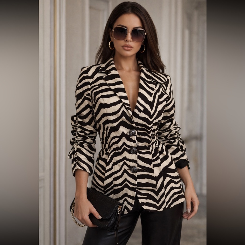 Zebra Print Cinched Waist Blazer Ruched Sleeve Power Jacket Small